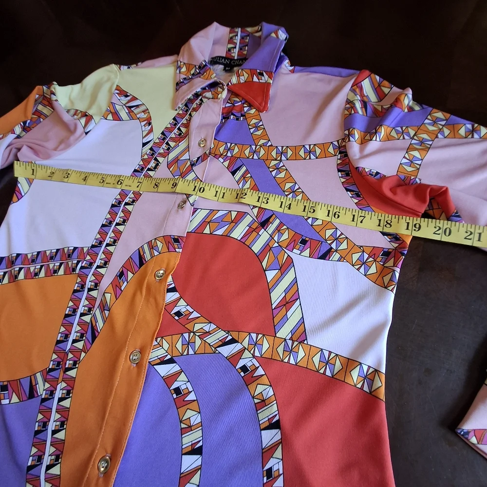Julian Chang Designer Multicolor  Button-up Long Sleeve Blouse Women Size Medium - Picture 12 of 15